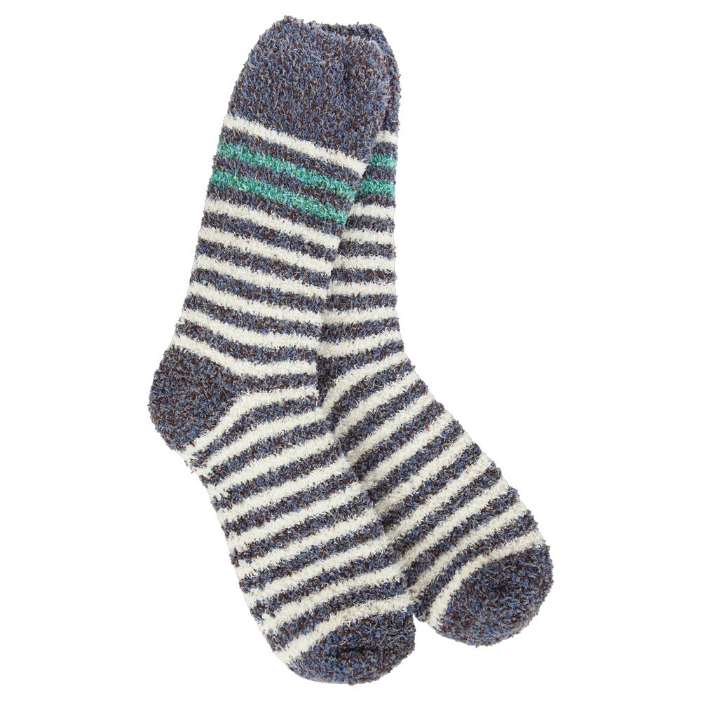 A pair of fuzzy socks with navy blue and white horizontal stripes and two green stripes near the top. The socks have a soft, textured appearance.