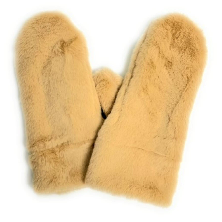A pair of beige, fluffy mittens made from a soft, plush material, displayed on a white background.