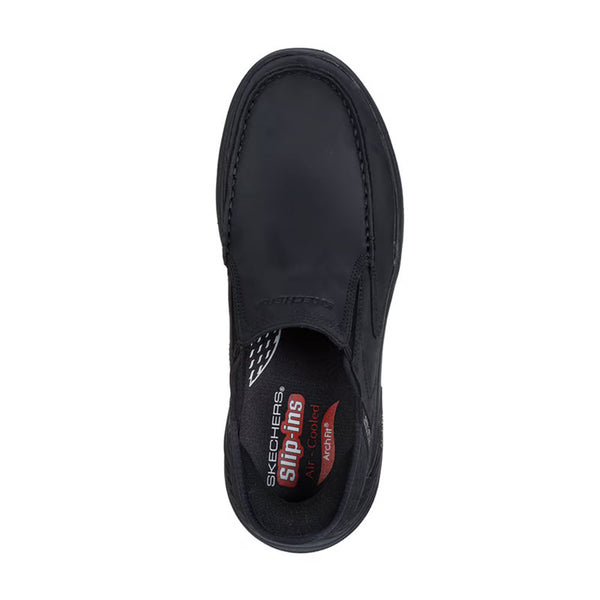 SKECHERS ARCH FIT MOTLEY MILO SLIP INS MOC TOE LEATHER BLACK