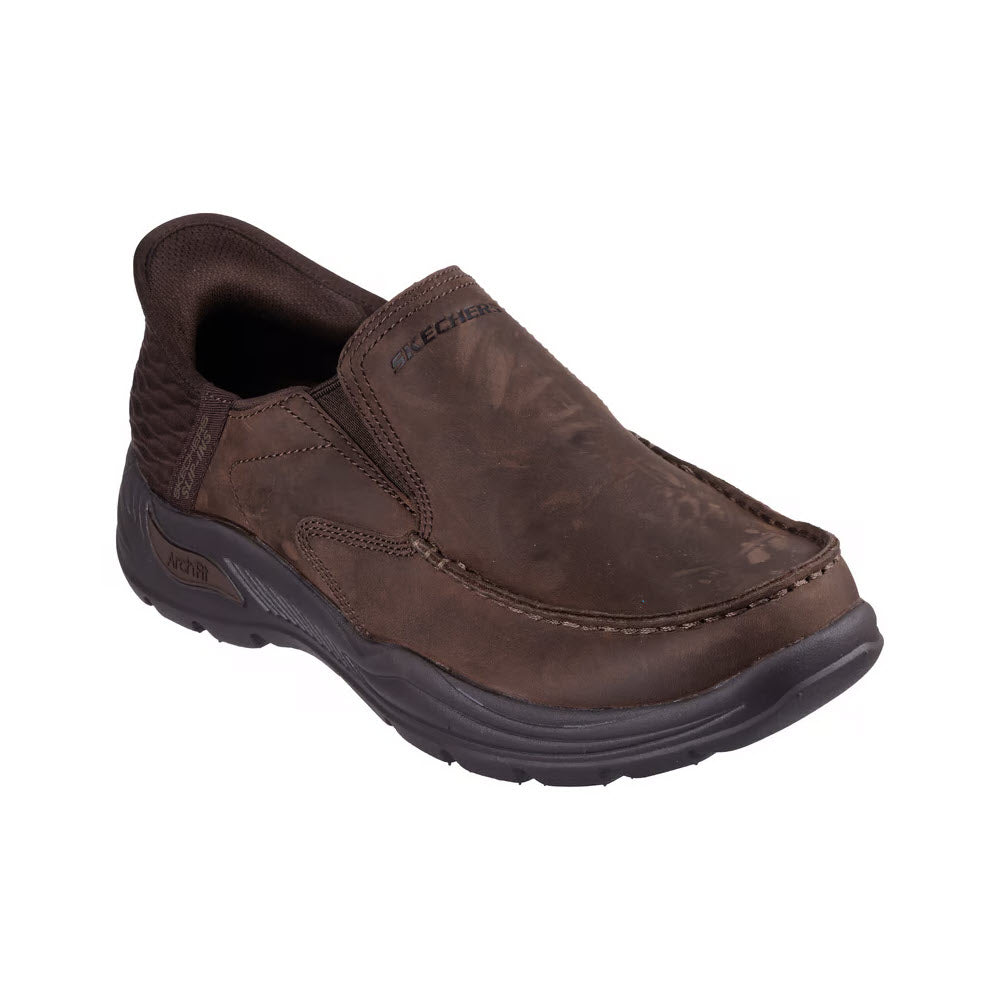 SKECHERS ARCH FIT MOTLEY MILO SLIP INS MOC TOE LEATHER BROWN - MENS