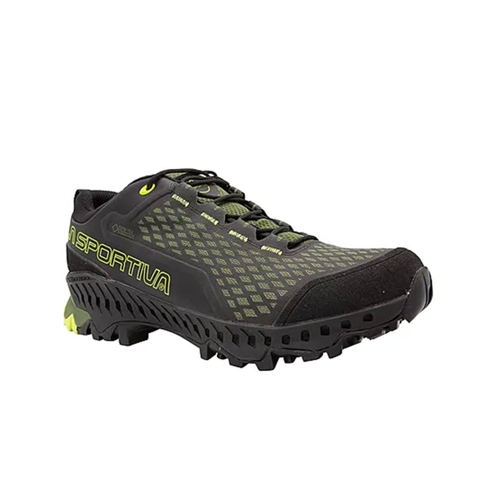 The La Sportiva Spire GTX Black/Carbon - Mens is a durable, waterproof hiking shoe with Gore-Tex Surround, rugged high-traction lugs, and mesh upper—ideal for mountain adventures or backpacking.