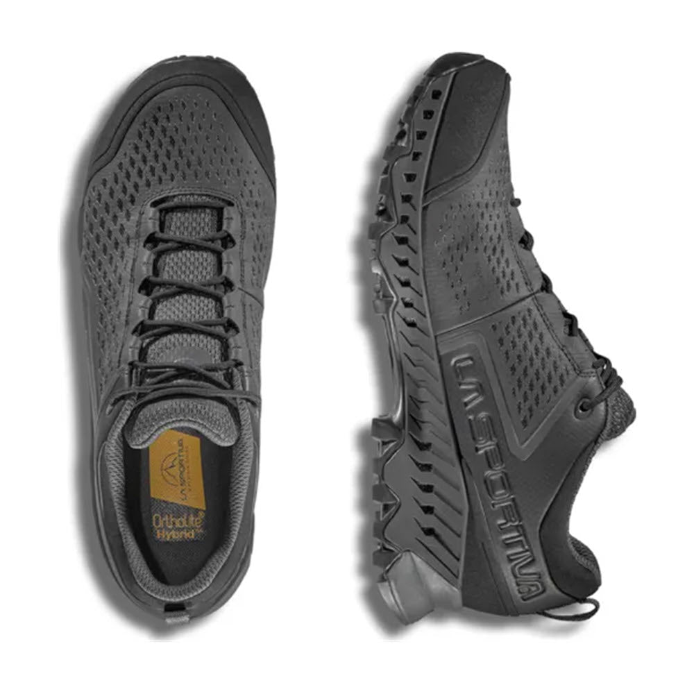 Top and side view of the LA SPORTIVA SPIRE GTX BLACK/CARBON - MENS hiking shoe, showcasing its rugged textured sole, breathable mesh upper, waterproof design, and Ortholite Hybrid insole branding inside.