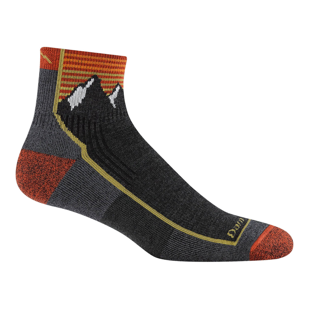 A single dark gray ankle sock with orange heel, toe, and cuff accents, featuring a mountain design and yellow stripe along the side.