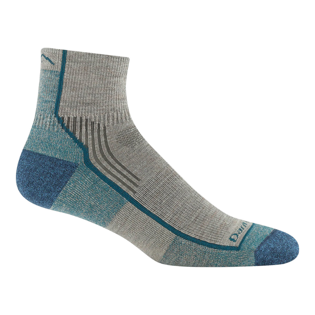 A single ankle-length sock in shades of grey and blue with a reinforced heel, toe, and ankle, and a pattern of darker stripes along the side.