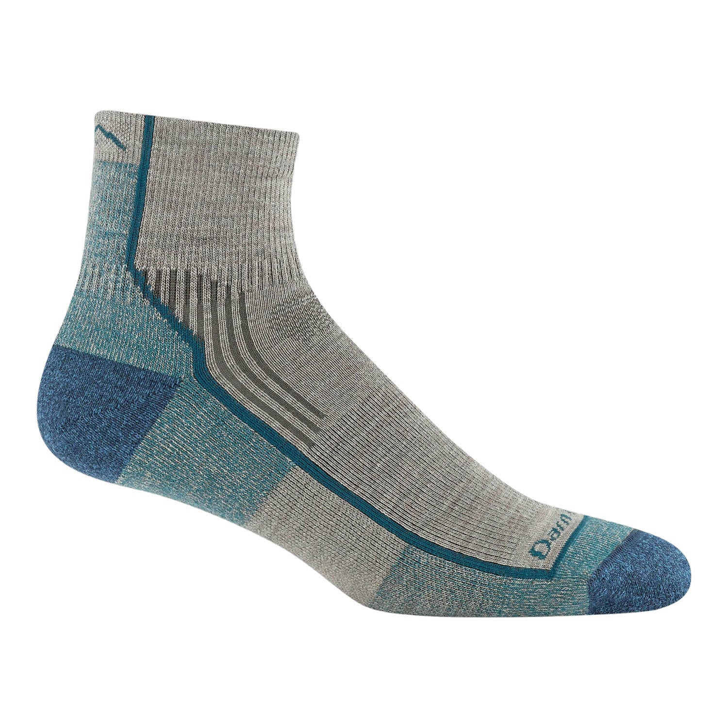 A single ankle-length sock in shades of grey and blue with a reinforced heel, toe, and ankle, and a pattern of darker stripes along the side.