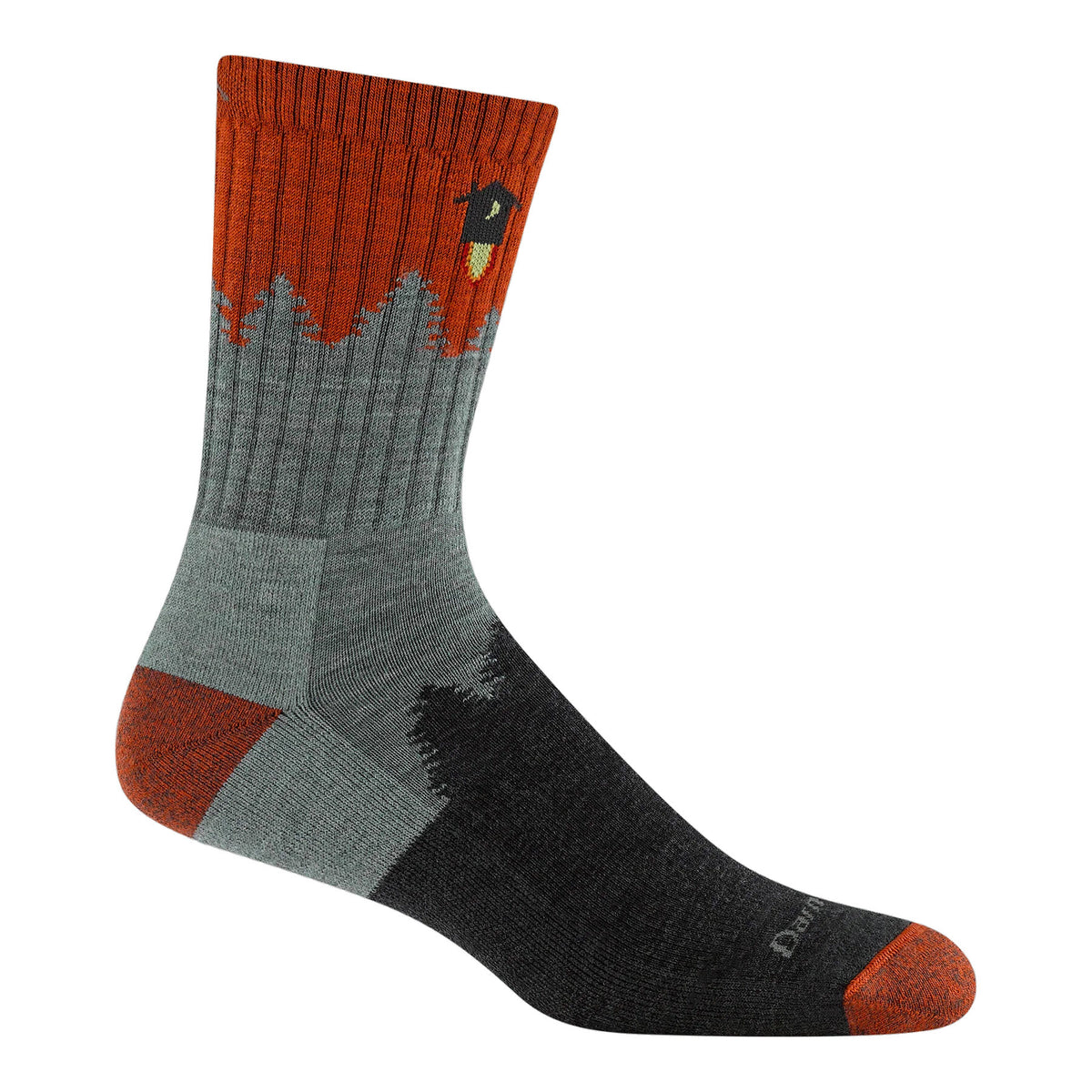 A single crew-length sock with a forest-themed design in shades of gray, black, and burnt orange, featuring a small yellow and black bird silhouette near the top.