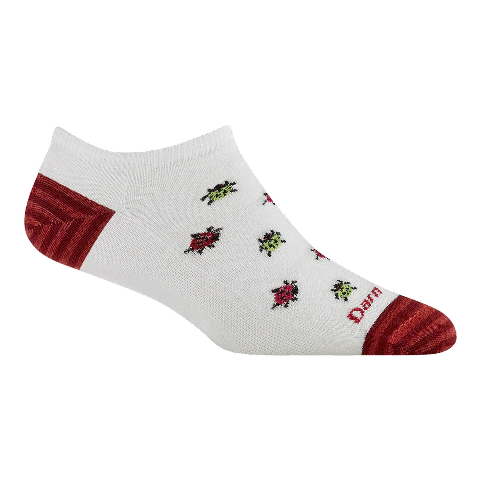 A white ankle sock with red heel and toe accents, decorated with small, colorful ladybug patterns. The word Darn is partially visible near the toe.