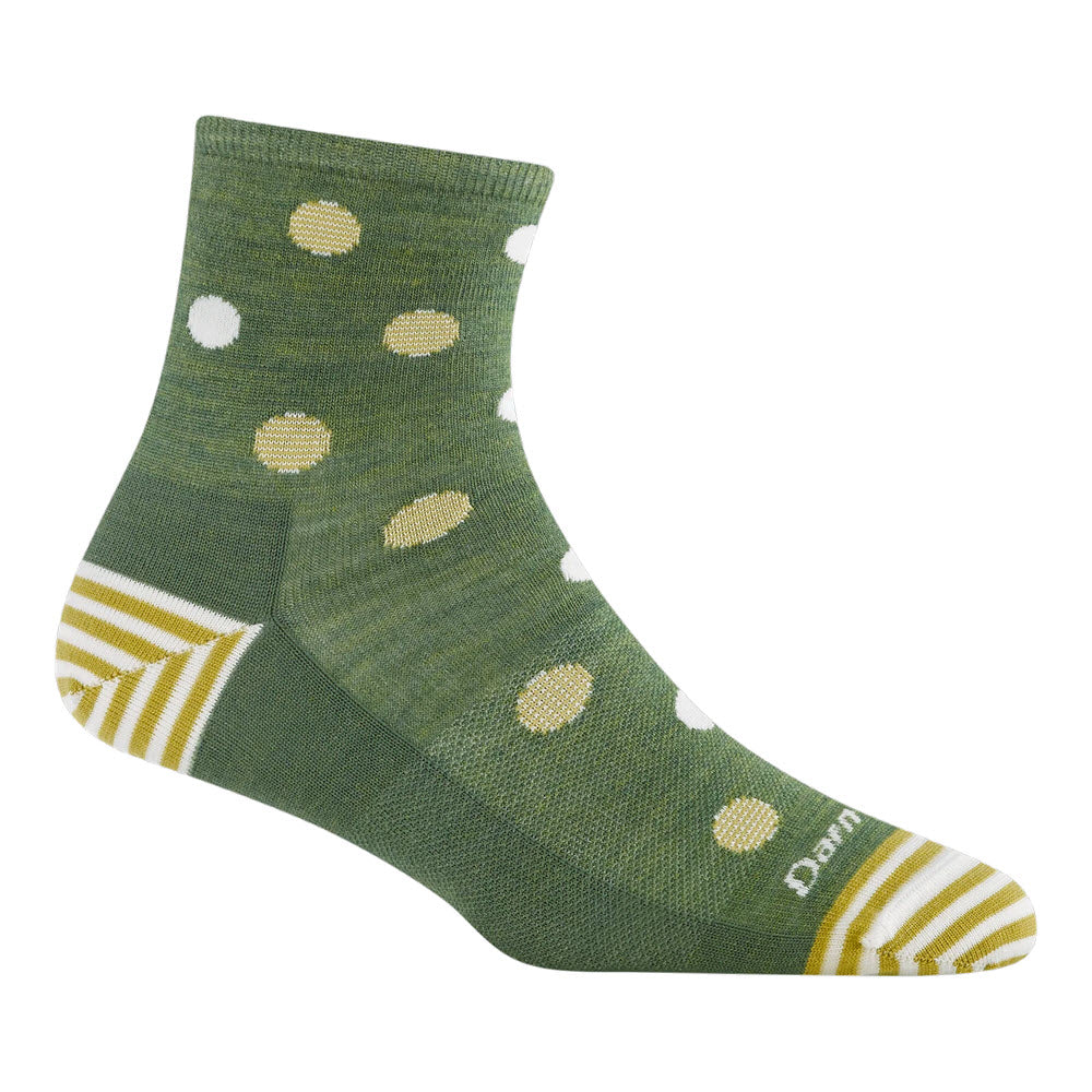 A green ankle sock with yellow and white polka dots, yellow and white striped accents at the toe and heel, and Darn Tough text near the toe.