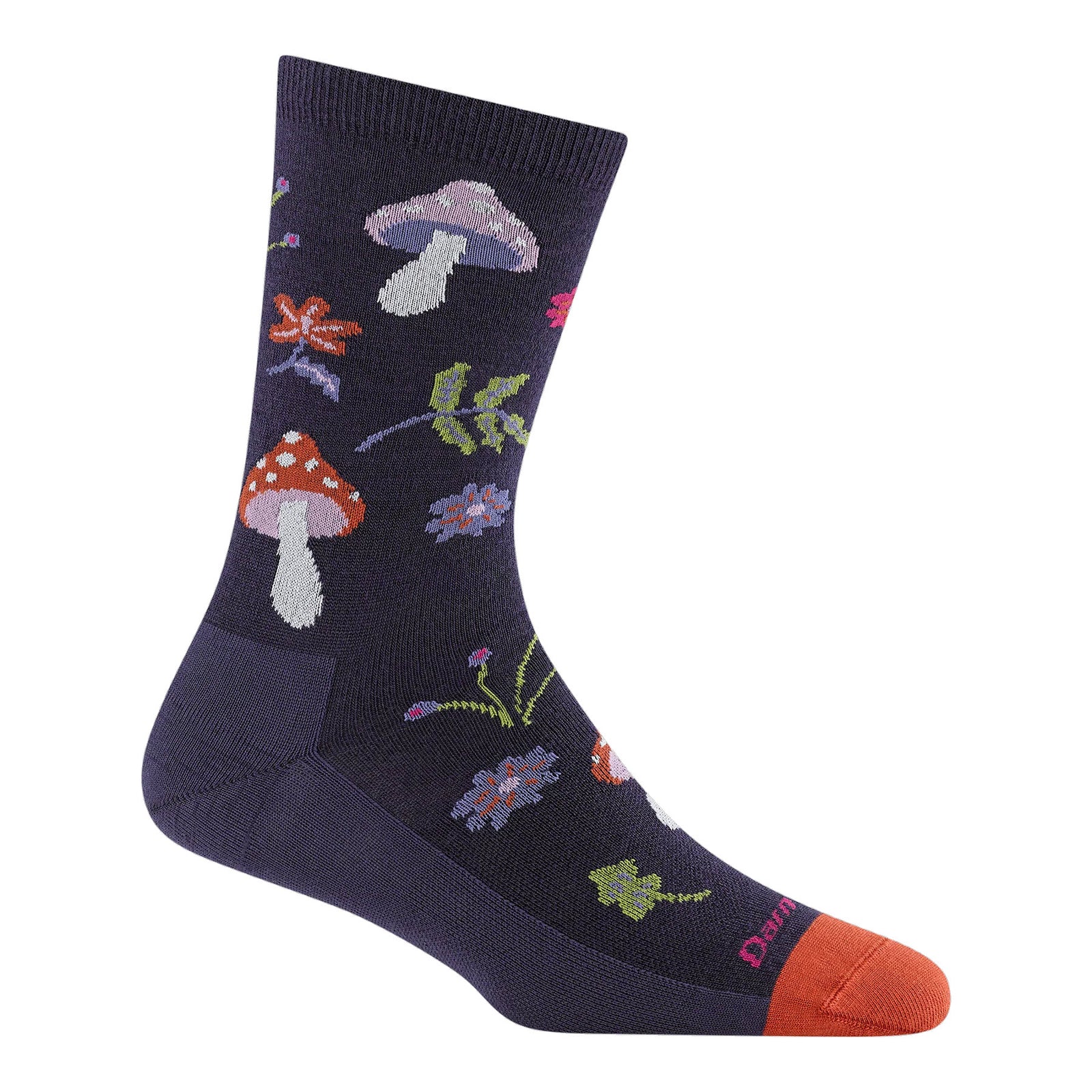 A dark purple sock with colorful mushroom and flower patterns, featuring a contrasting orange toe and purple heel.
