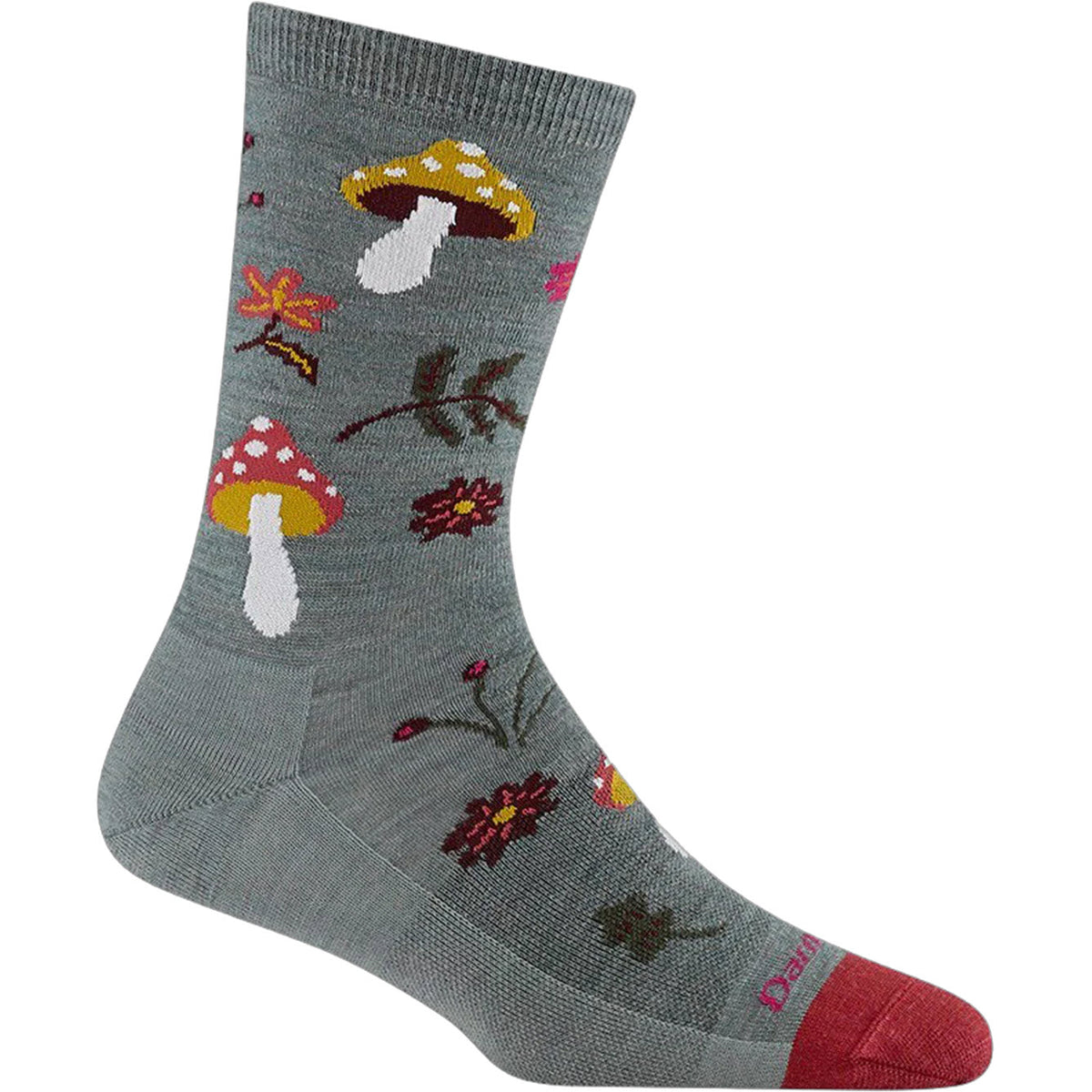 A gray sock with red toe, decorated with colorful mushroom, flower, and leaf patterns in red, yellow, white, brown, and pink.