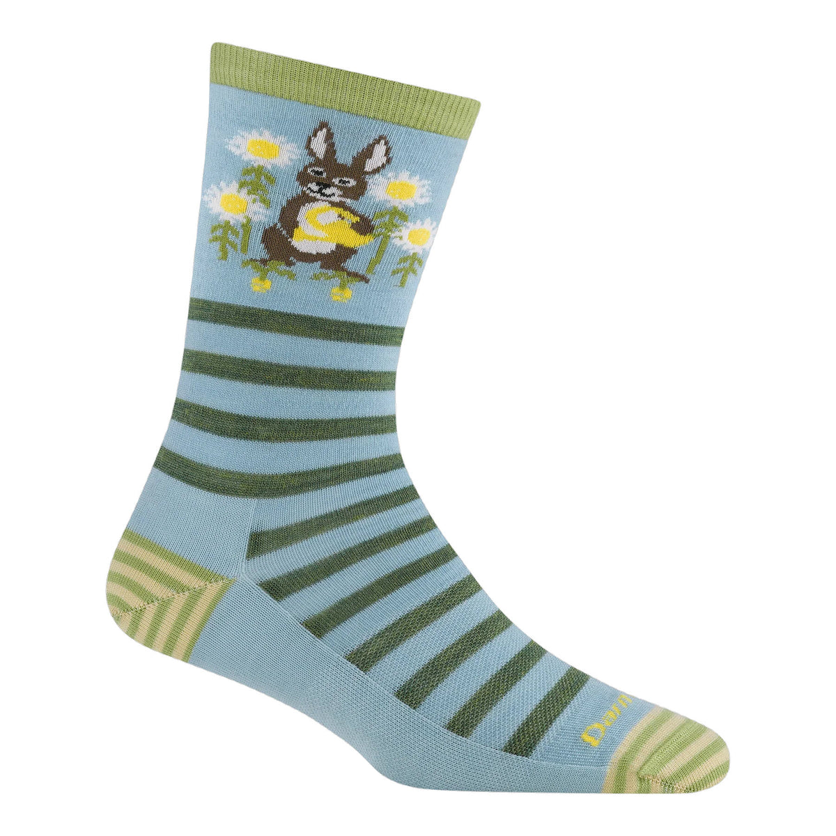 Light blue sock with green stripes, decorated with a cartoon donkey holding a yellow banjo, surrounded by yellow flowers and white daisies, with green accents at the toe, heel, and cuff.