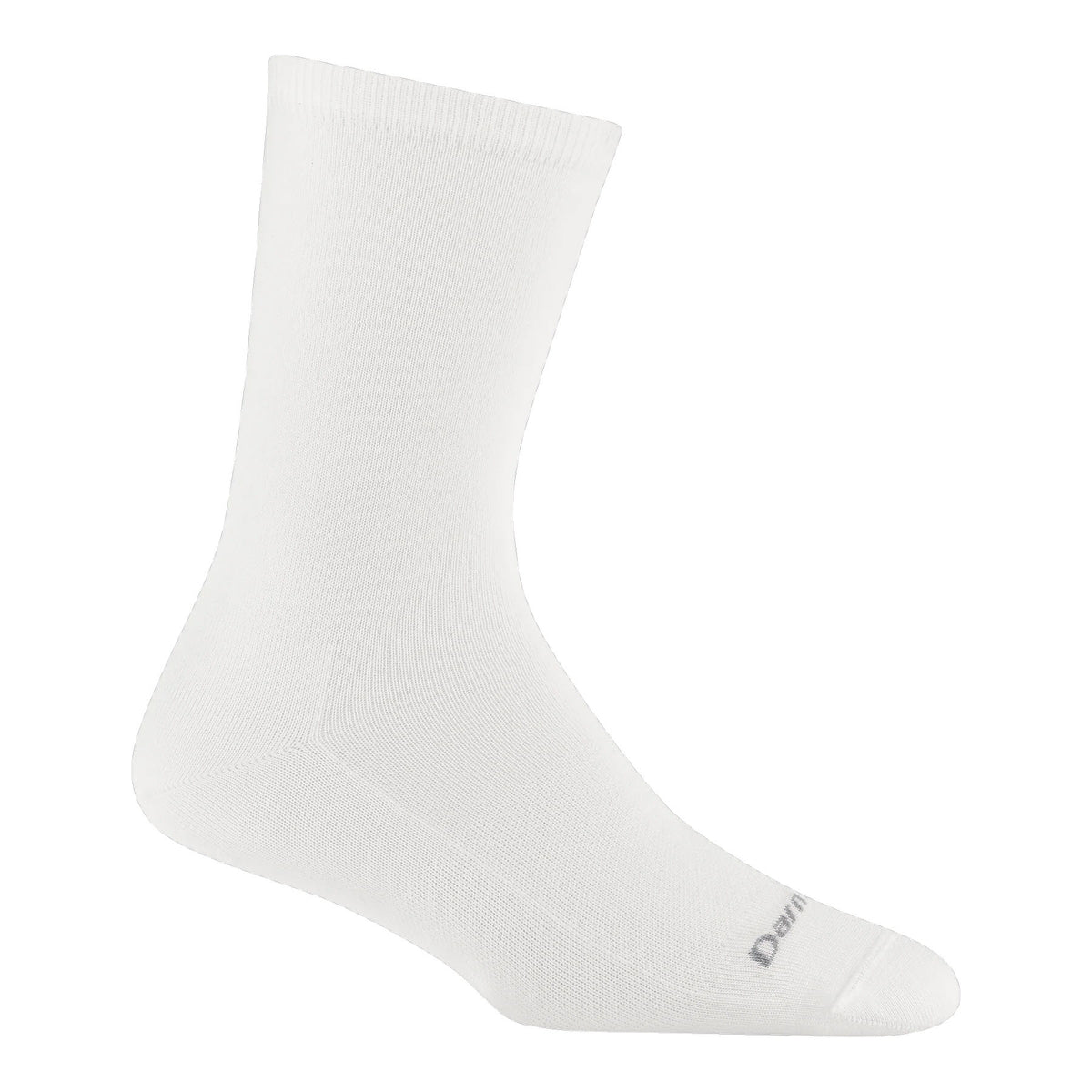 A single white crew sock is shown against a plain white background, with subtle text near the toe area.