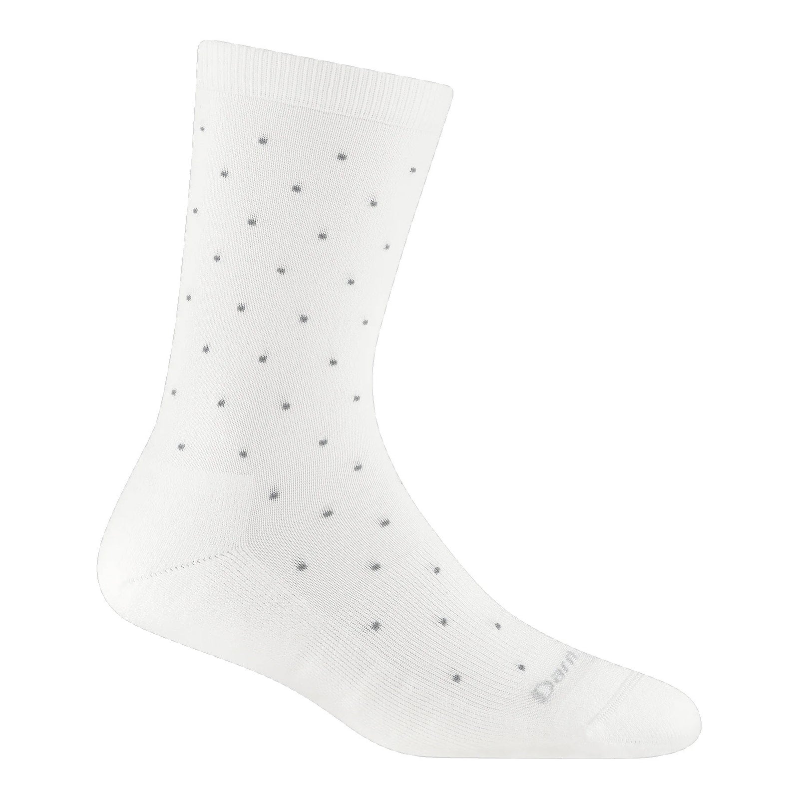 A single white sock with small gray polka dots evenly spaced throughout and a ribbed cuff at the top, shown against a plain white background.