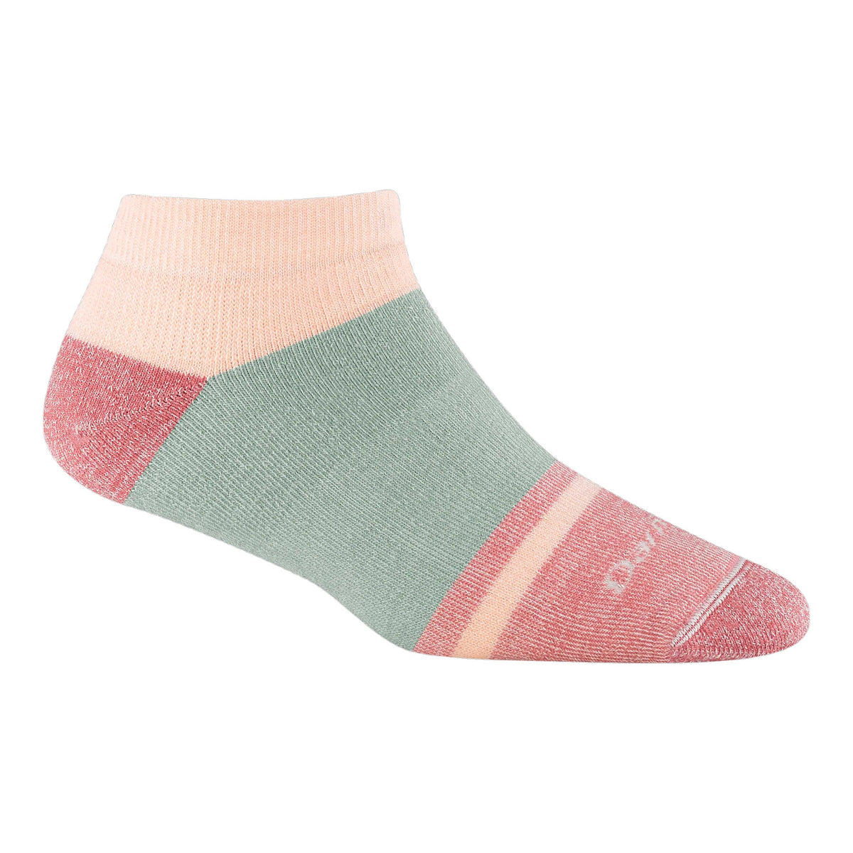 A low-cut sock with color blocks in pastel pink, green, and red; featuring a soft, heathered texture and a simple, modern design.