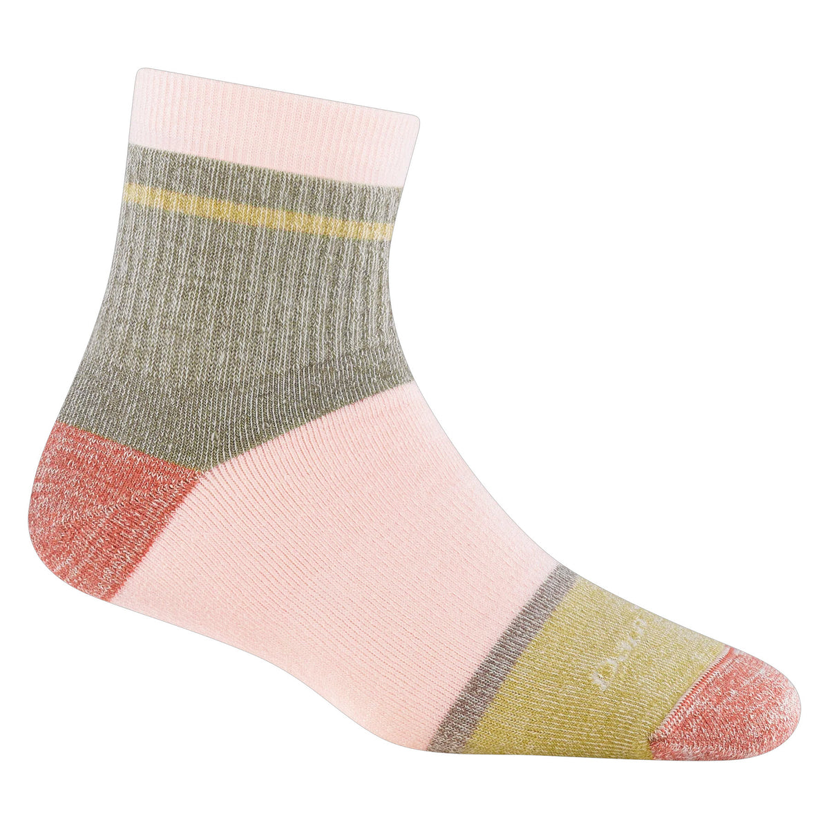 A single ankle sock with color blocks: pink foot and ankle, pale green middle, yellow stripe near the top, and a coral toe and heel.