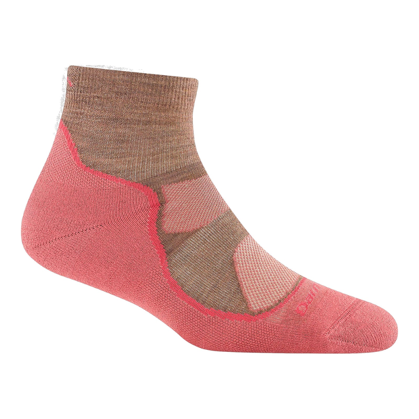 A single ankle-length sock with a pink toe, heel, and cuff, and a light brown middle section featuring mesh-like ventilation panels.