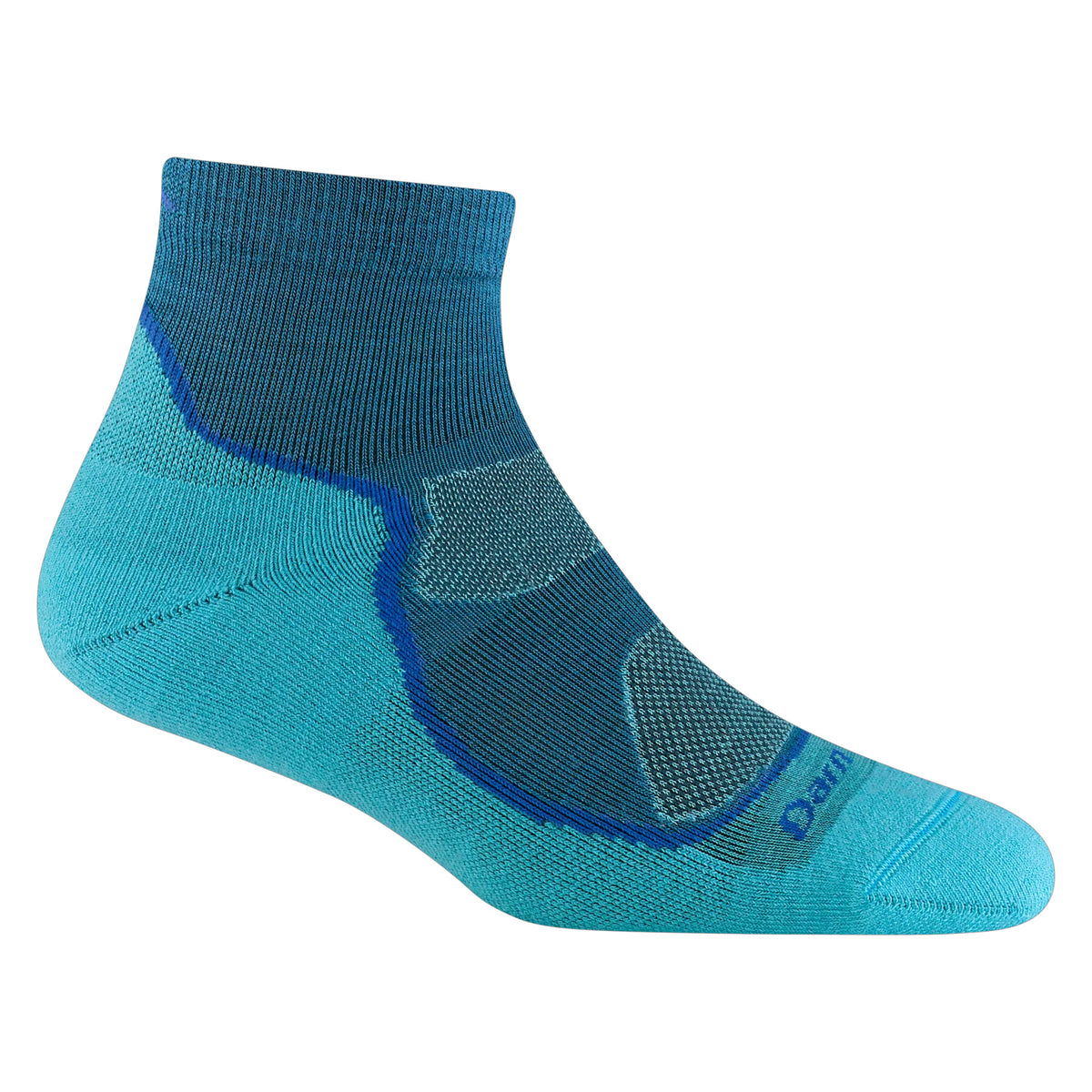 A single ankle-length athletic sock in shades of blue with dark blue accents and reinforced areas on the heel, toe, and arch.