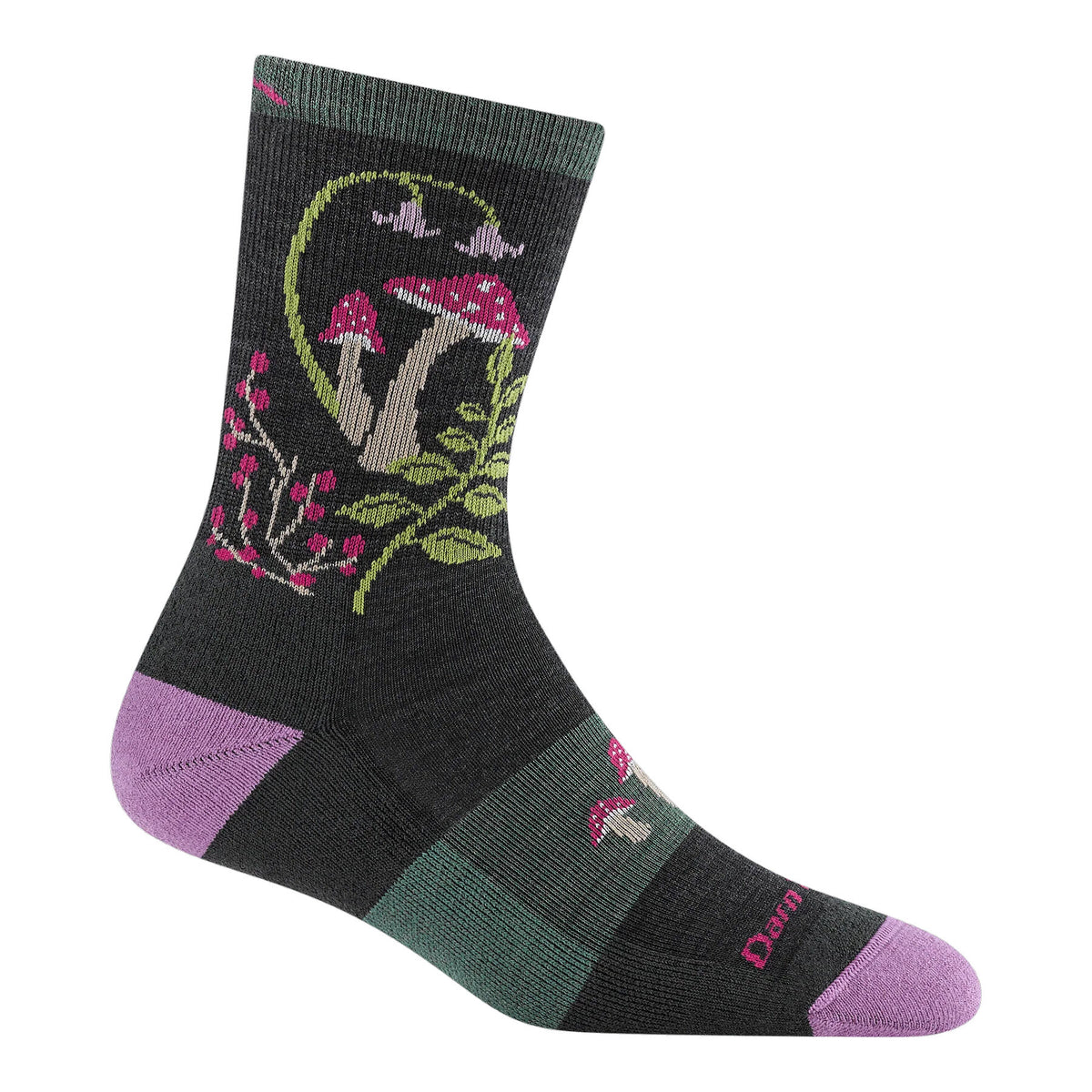 A dark gray sock with purple toe and heel, featuring colorful embroidered designs of mushrooms, leaves, and pink berries.