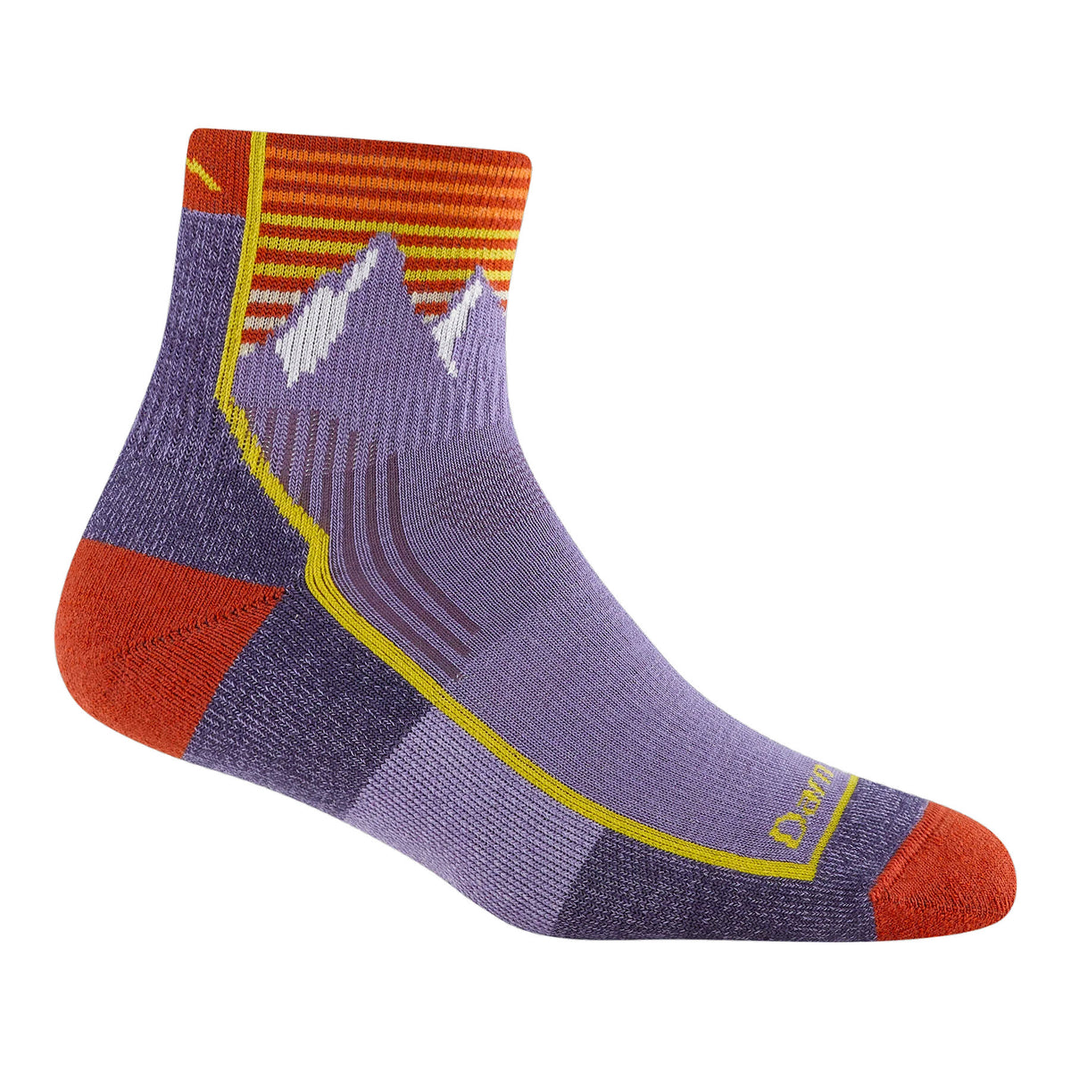 A purple ankle sock with red and orange accents, featuring a mountain design and yellow trim, displayed against a white background.