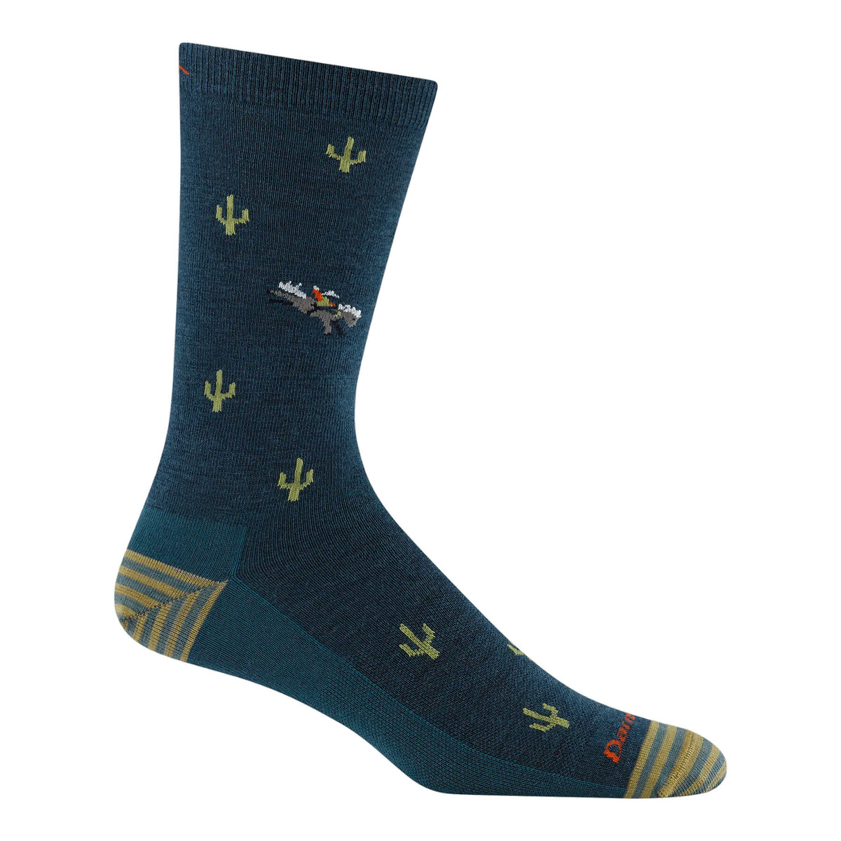 A blue sock with green cactus patterns and a small embroidered image of a coyote howling at the moon. The toe and heel areas have yellow stripes.