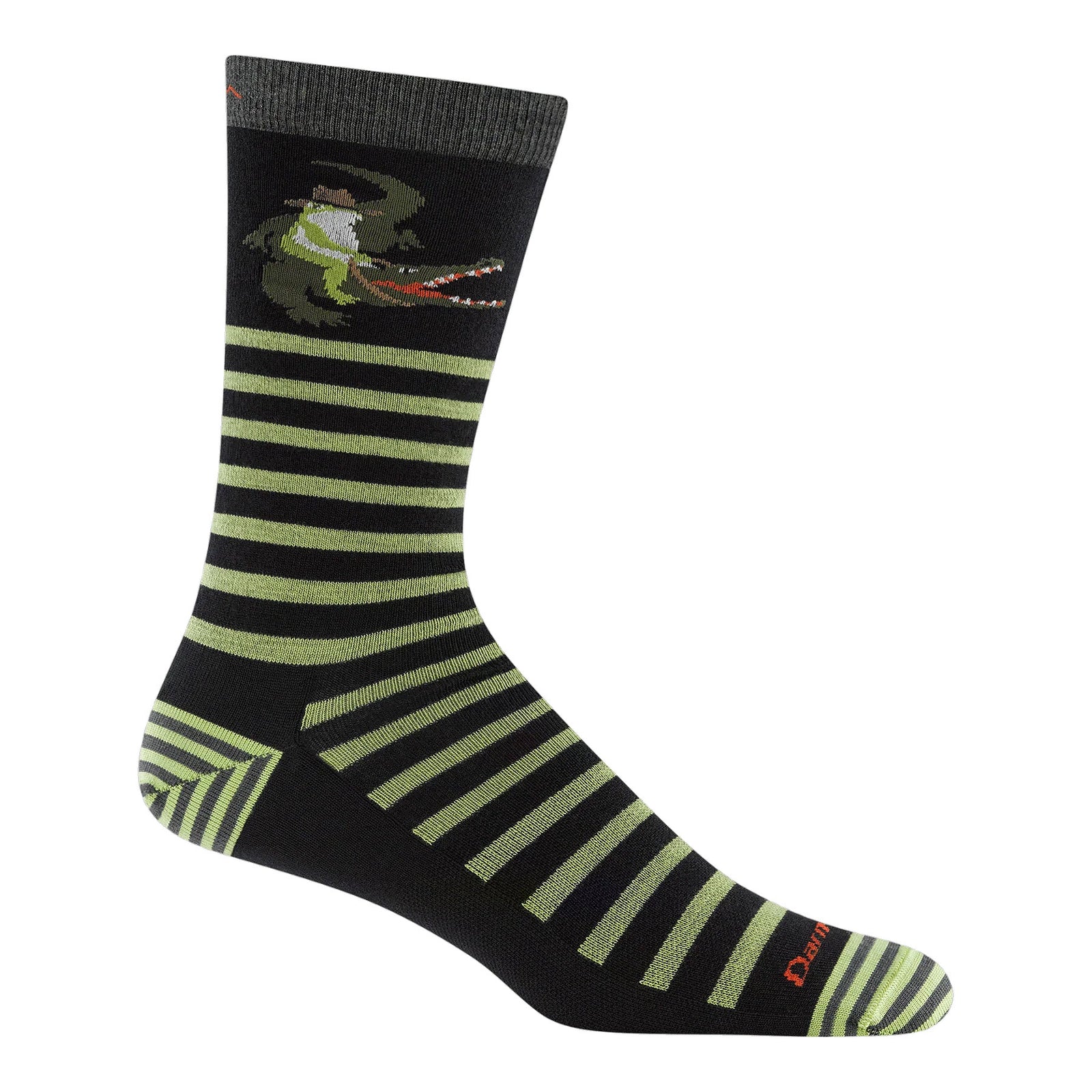 A black sock with green horizontal stripes and a cartoon cowboy riding an alligator near the top. The toe area has Darn Tough written in red. The heel and toe are solid black with green stripes on the toe.