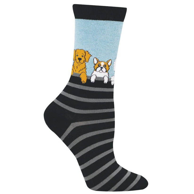A sock with black and gray stripes on the foot and images of three dogs—a golden retriever, a bulldog, and a white dog—on a light blue background near the top.