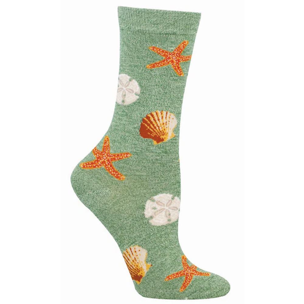 Green sock with a pattern of orange starfish, white sand dollars, and orange seashells scattered throughout. The sock is displayed on a mannequin foot against a white background.