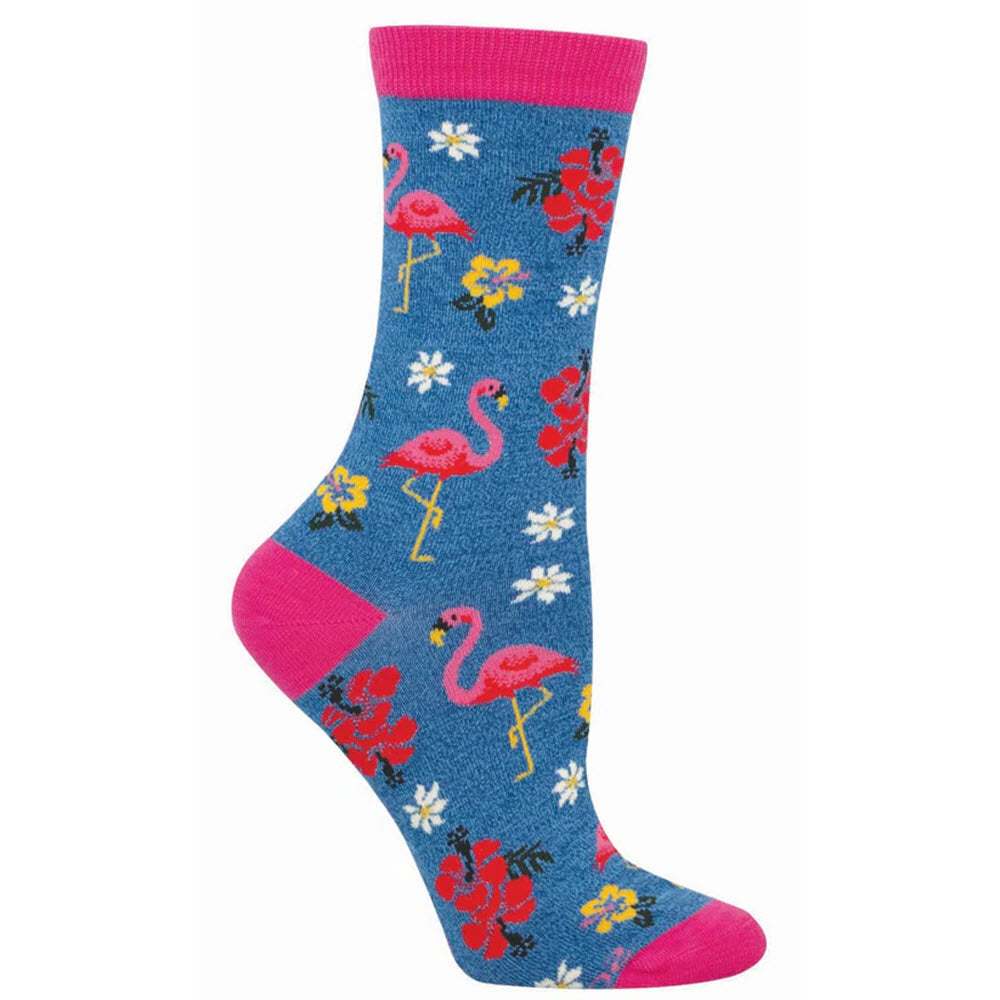 Blue sock with pink heel, toe, and cuff, featuring a pattern of pink flamingos, red and yellow tropical flowers, and white daisies.