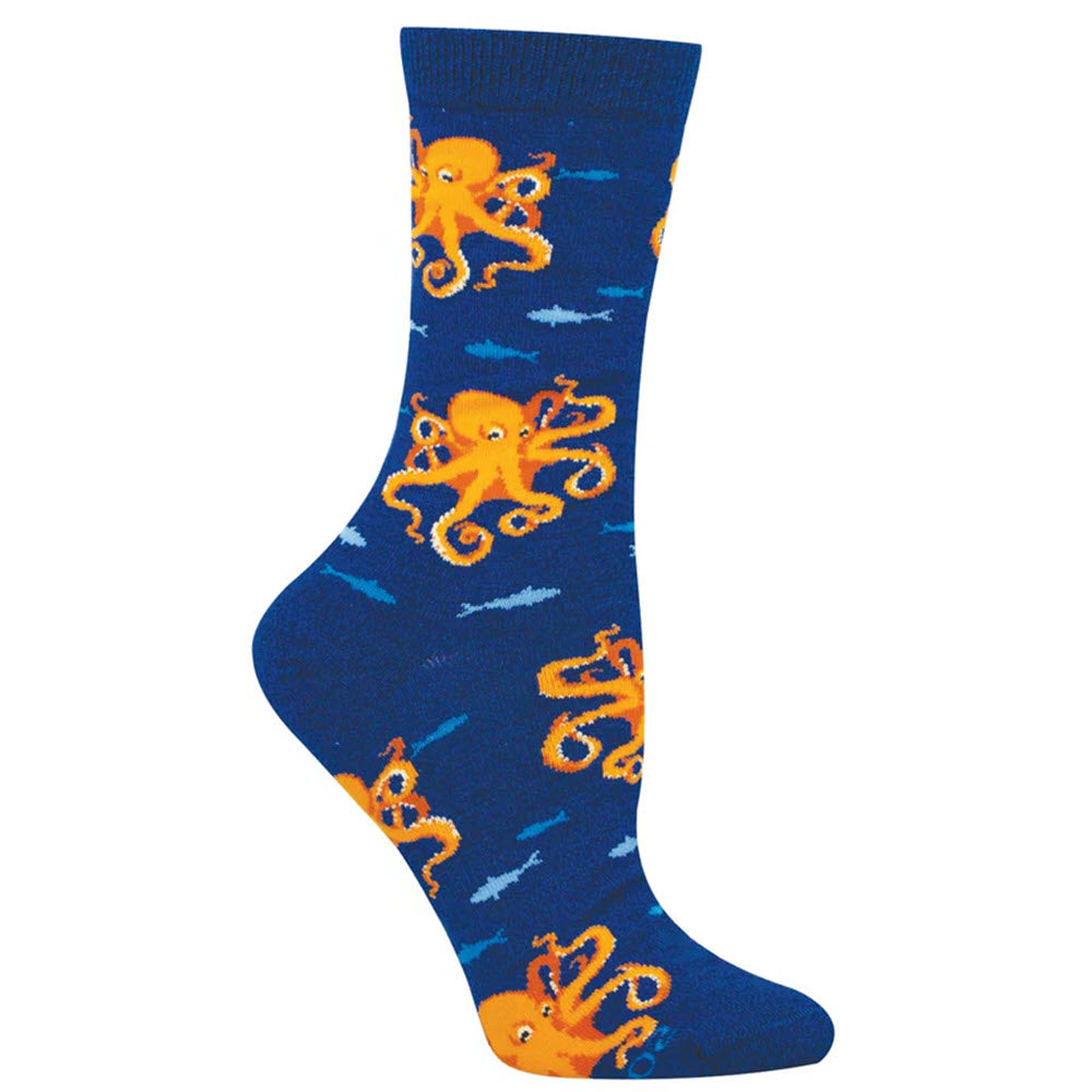 A blue sock with a pattern of bright orange octopuses and small blue fish scattered across the fabric.