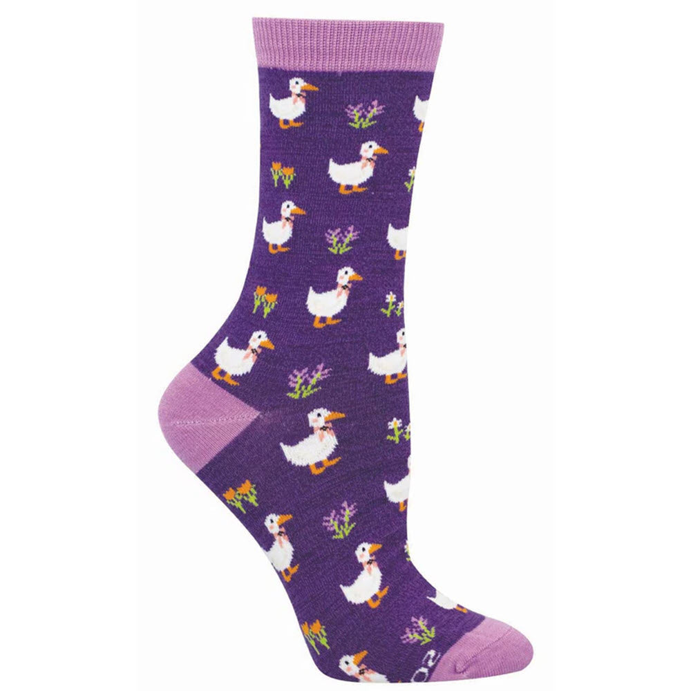 A purple sock with light purple toe, heel, and cuff, decorated with white ducks and small sprigs of green and purple plants.