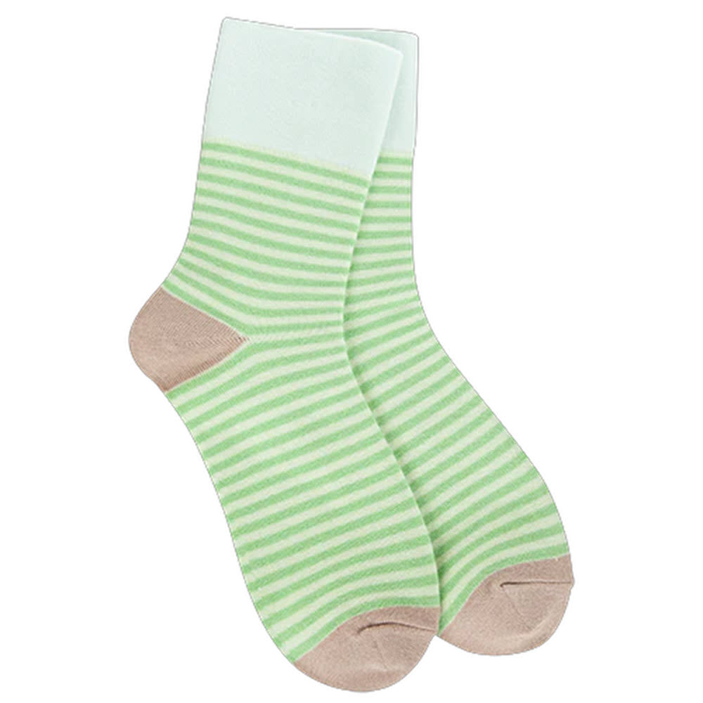A pair of socks with light green and white horizontal stripes, featuring beige heels and toes, and solid white cuffs.