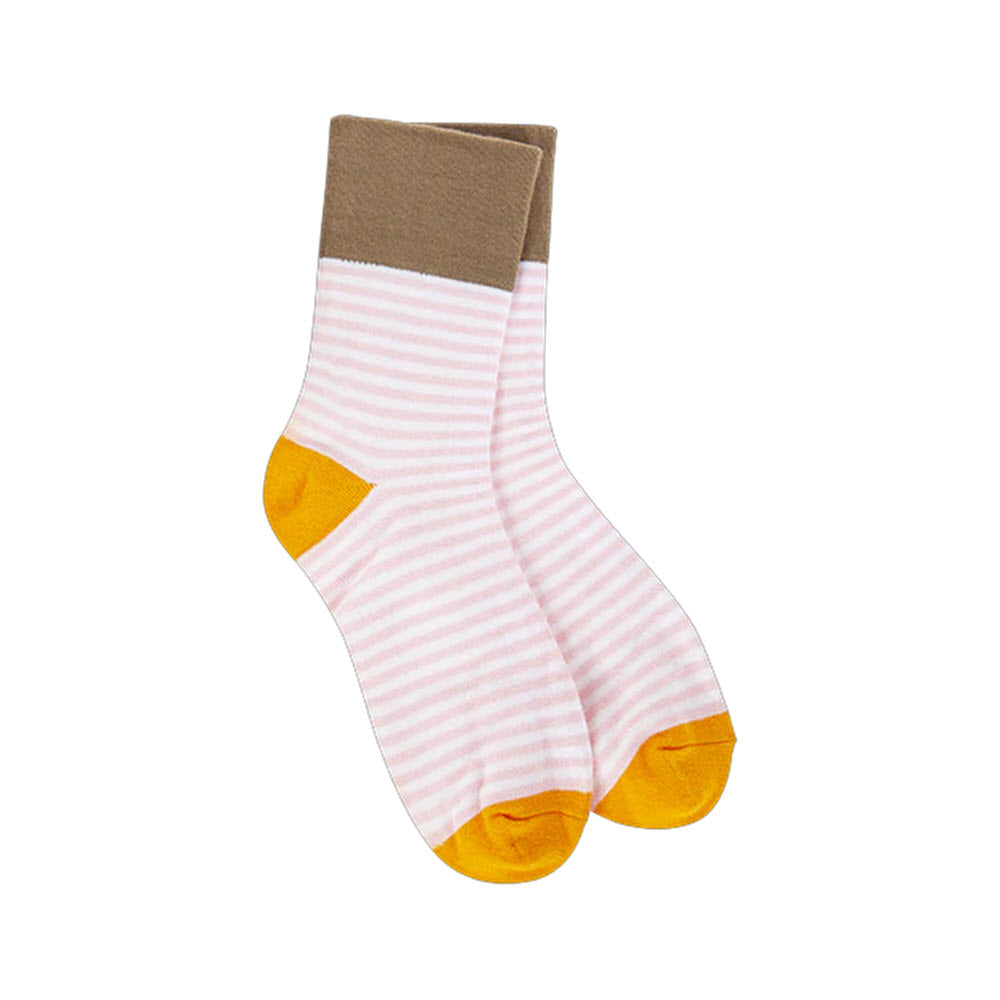 A pair of socks with light pink and white horizontal stripes, yellow heels and toes, and a solid beige cuff at the top.