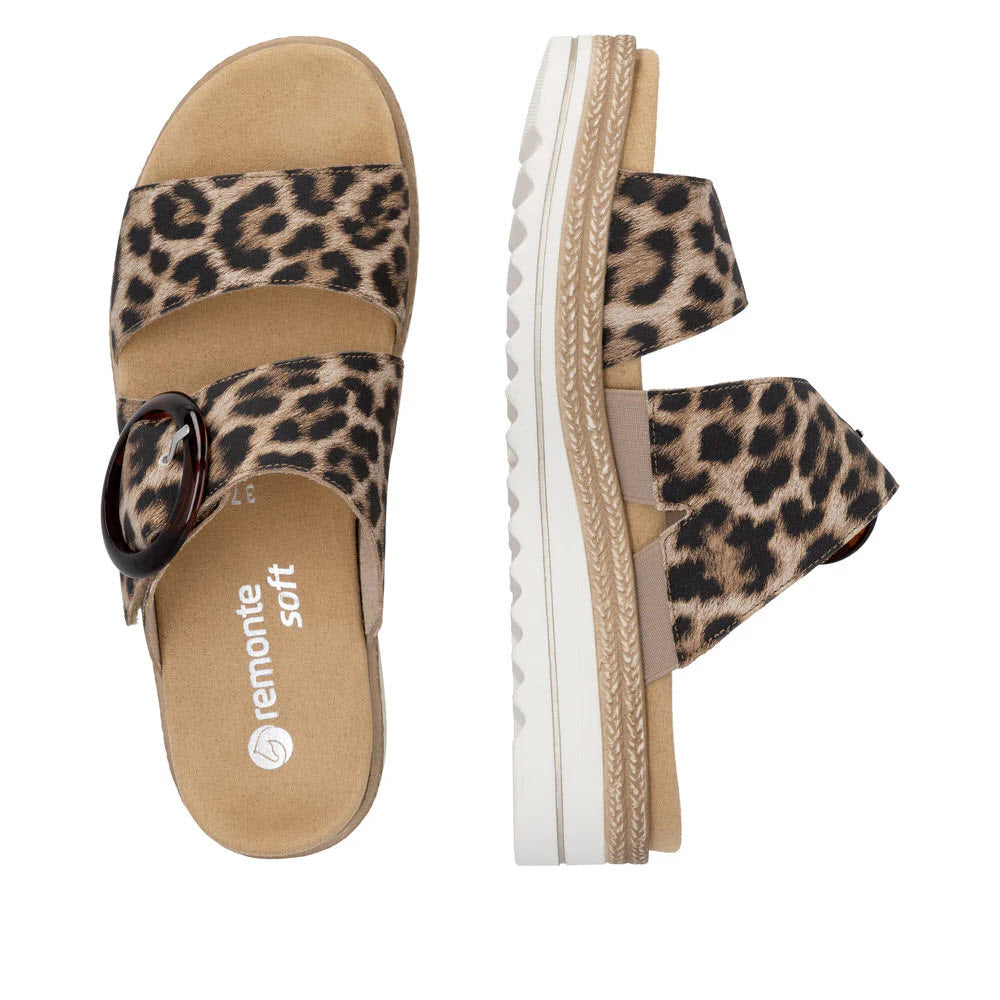REMONTE TWO STRAP SANDAL REMOVABLE INSOLE BLACK TAN LEOPARD PRINT - WOMENS