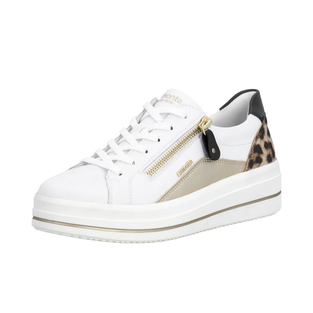 REMONTE SIDE ZIP SNEAKER WHITE GOLD LEOPARD HEEL - WOMENS