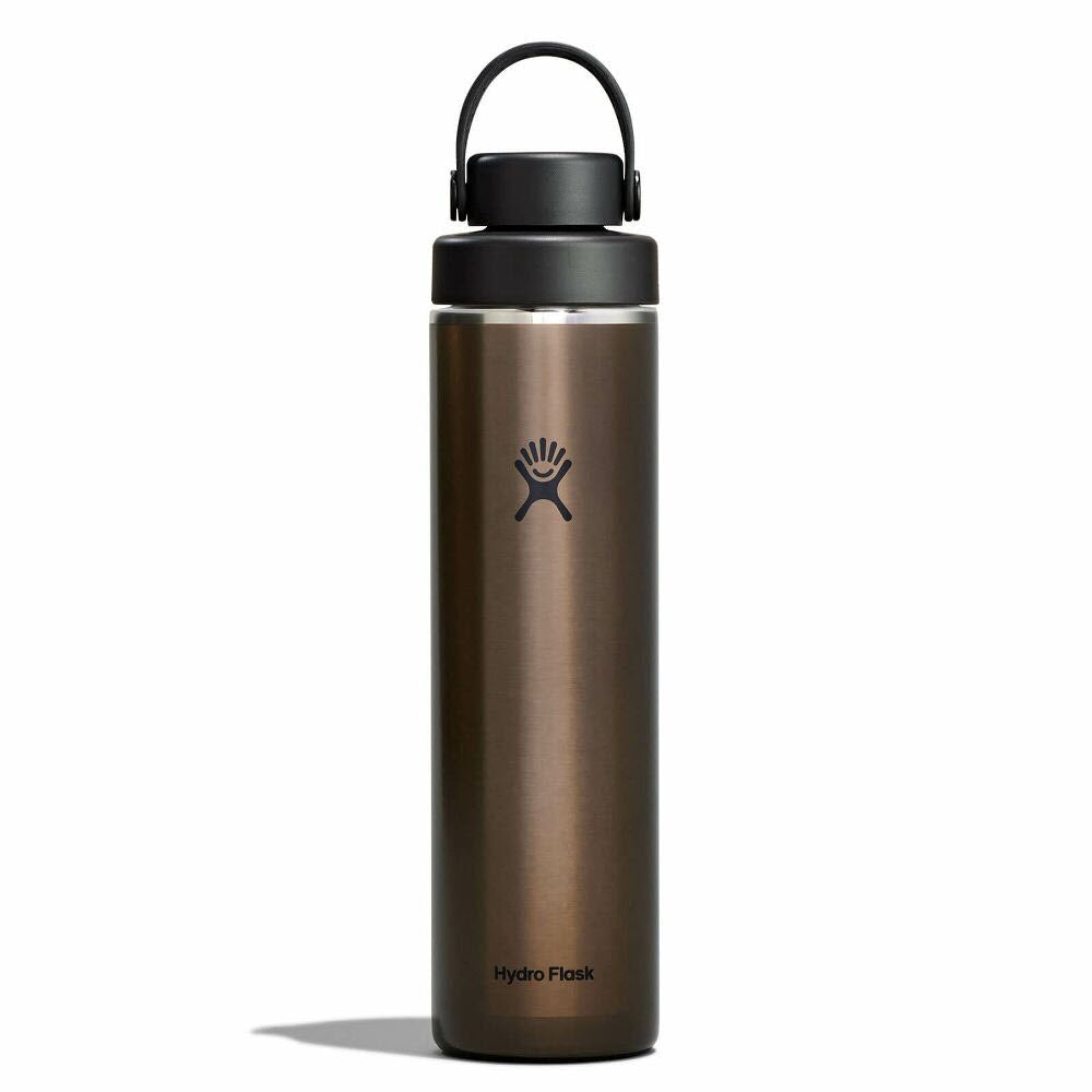 A stainless steel Hydro Flask water bottle with a dark metallic finish, a black screw-on lid, and a carrying handle, standing upright on a white background.