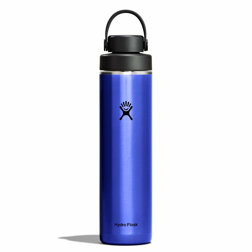A tall, metallic blue Hydro Flask water bottle with a black screw-on lid and handle, standing upright on a white background. The Hydro Flask logo is visible on the front.