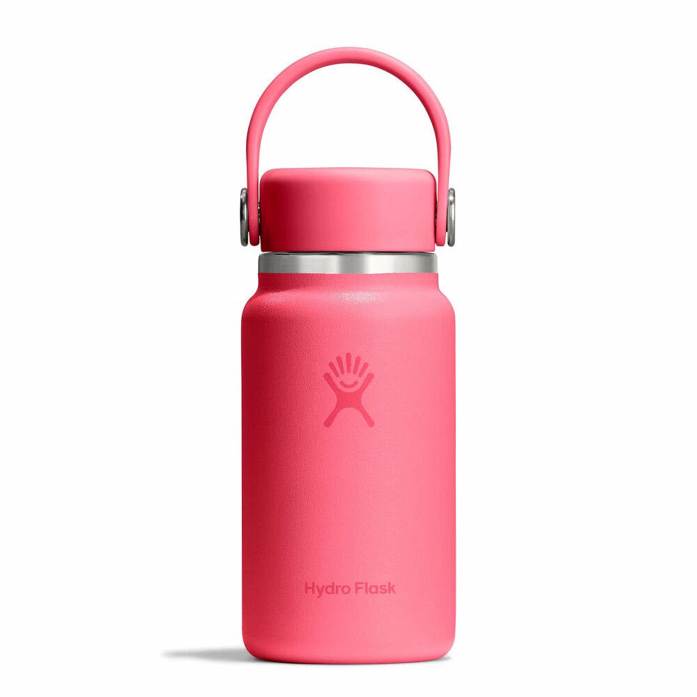 A pink Hydro Flask water bottle with a handle and a silver band near the lid, shown on a white background.