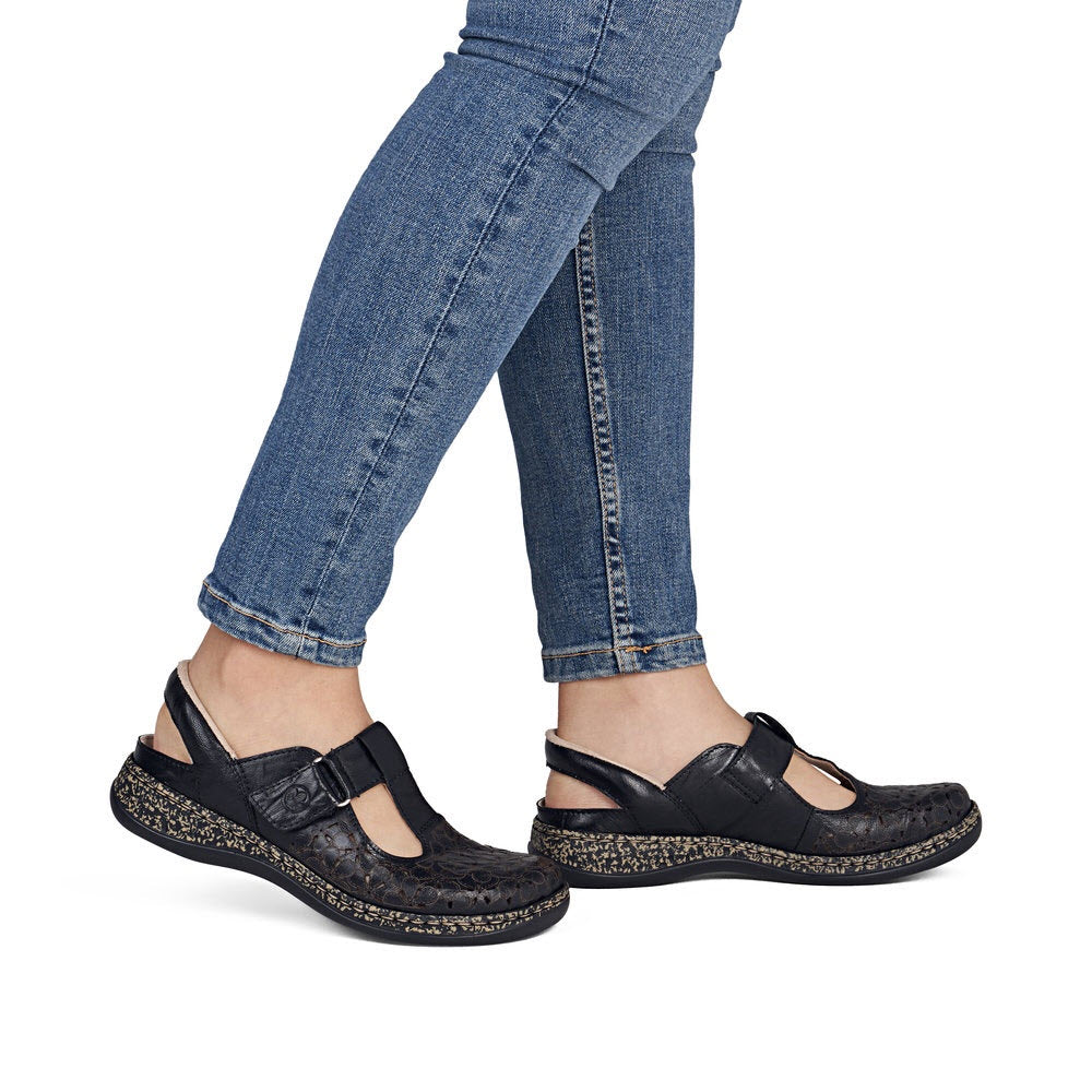 RIEKER ADJUSTABLE T STRAP SLING BACK BLACK - WOMENS