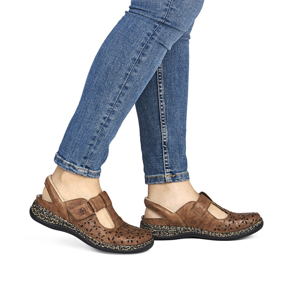 RIEKER ADJUSTABLE T STRAP SLING BACK BROWN - WOMENS