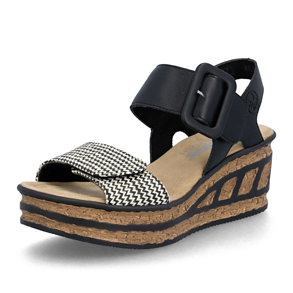 RIEKER TEXTURED CORK WEDGE SANDAL BLACK WHITE - WOMENS
