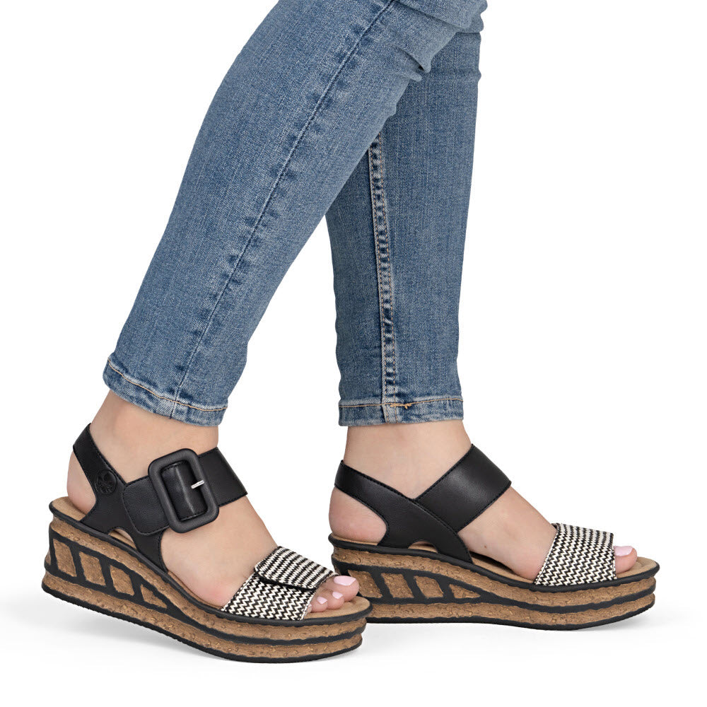 RIEKER TEXTURED CORK WEDGE SANDAL BLACK WHITE - WOMENS