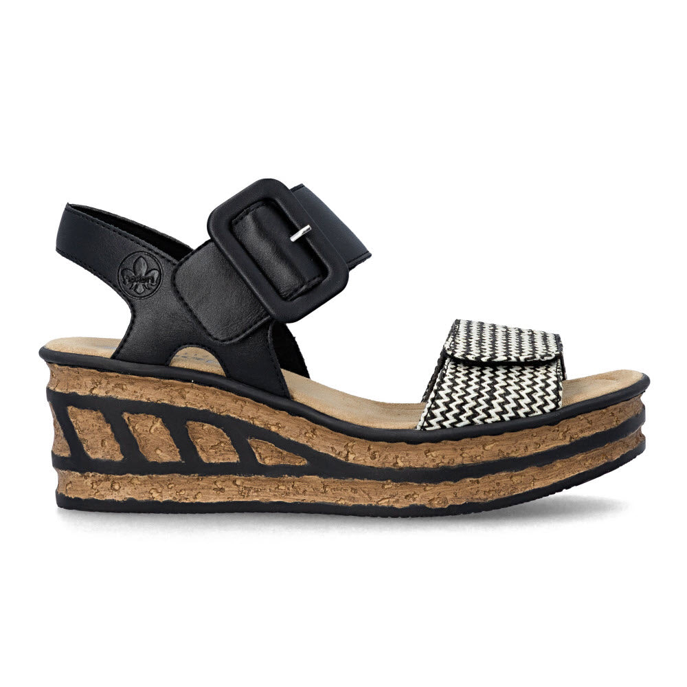 RIEKER TEXTURED CORK WEDGE SANDAL BLACK WHITE - WOMENS