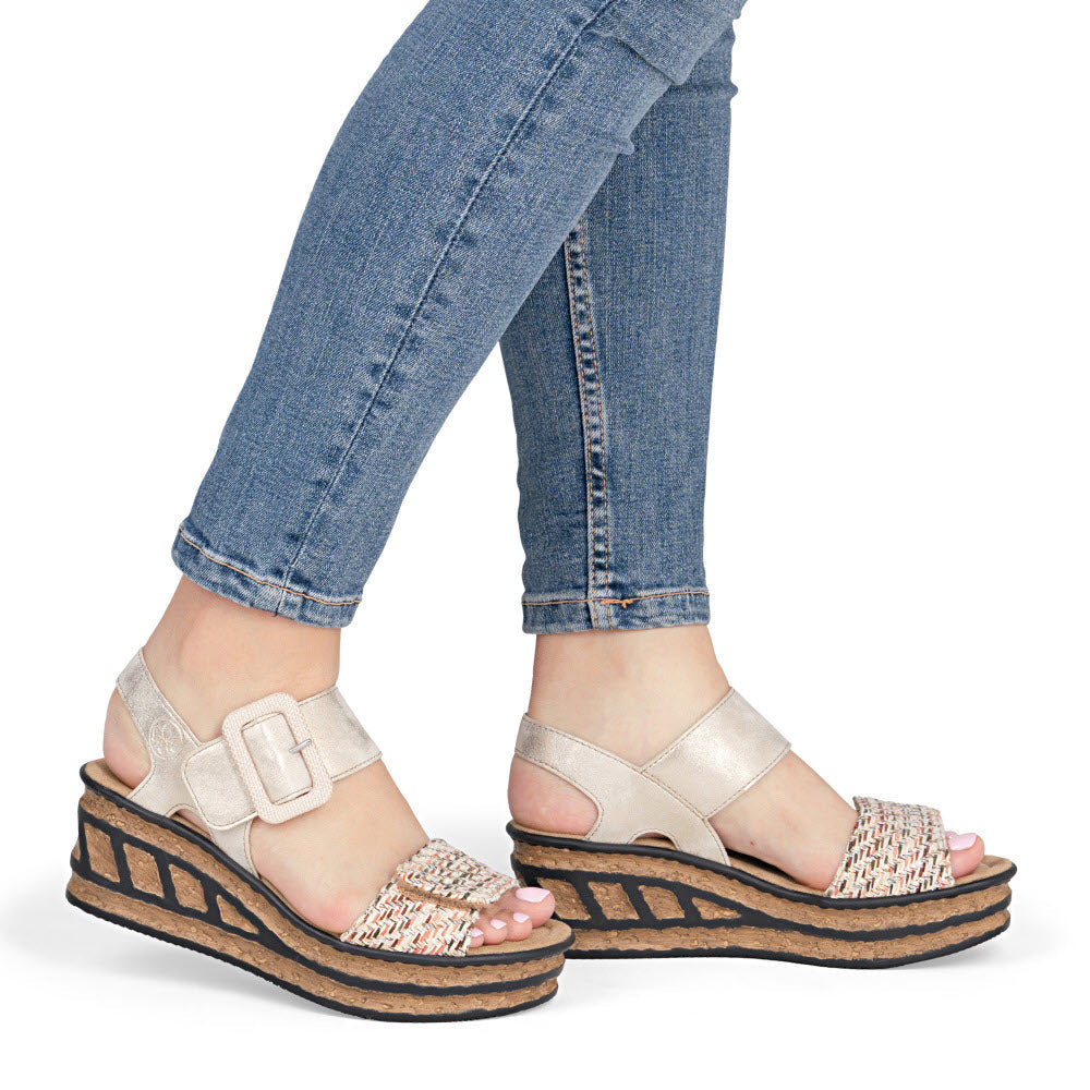 RIEKER TEXTURED CORK WEDGE SANDAL TAN MULTI - WOMENS