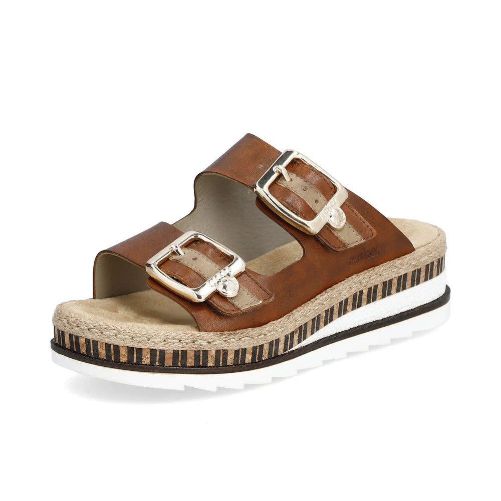 RIEKER SQUARE BUCKLE ORNATE WEDGE SLIDE BROWN - WOMENS