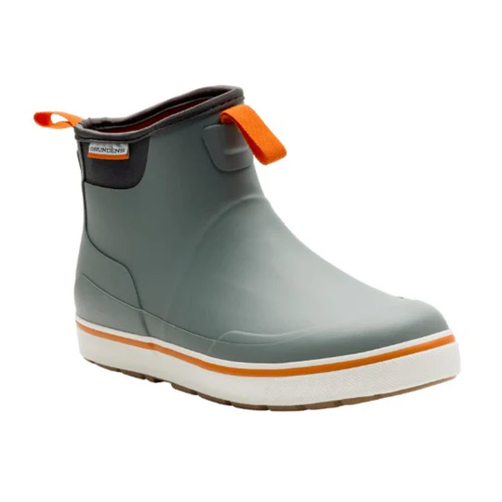 A single gray ankle-height rubber boot with an orange pull tab and stripe around the sole, featuring a white midsole and brown outsole for traction.