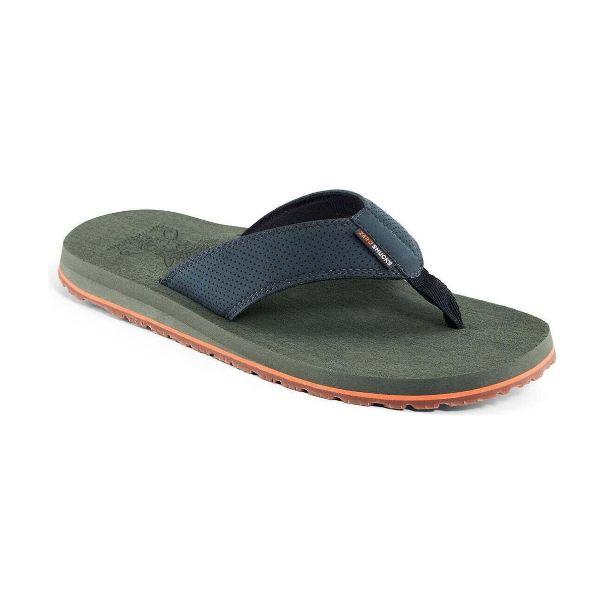 A single flip-flop sandal with an olive green sole, an orange-brown bottom edge, and a dark blue perforated strap. The thong-style strap has a small fabric label on the side.