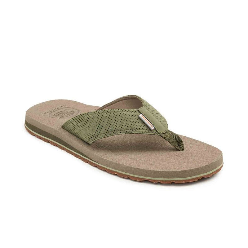 A single olive green flip-flop sandal with a perforated strap, beige cushioned sole, and brown rubber outsole, displayed on a white background.