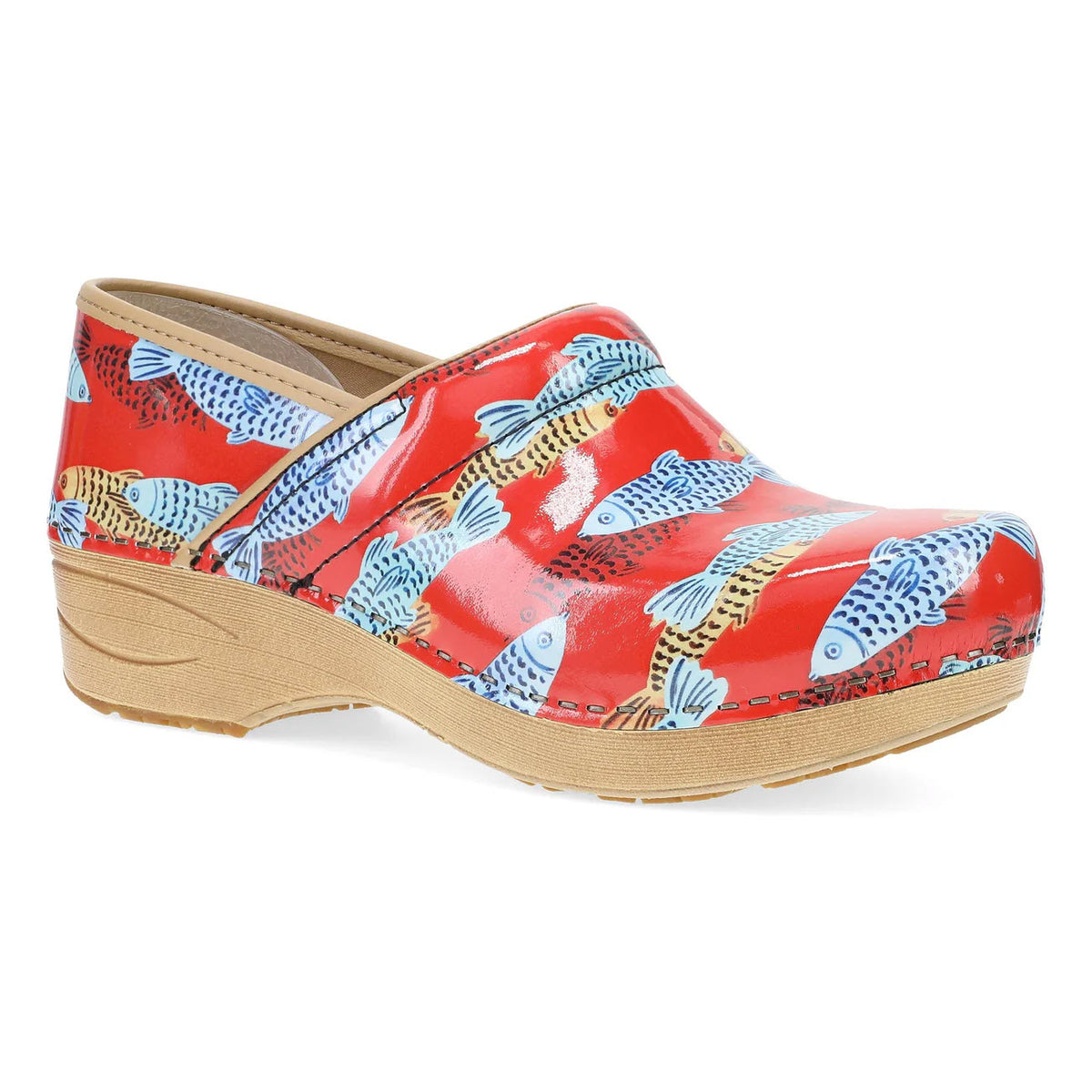 A red clog with a wooden sole, decorated with a colorful fish pattern featuring blue, white, and yellow fish swimming across the shoe.