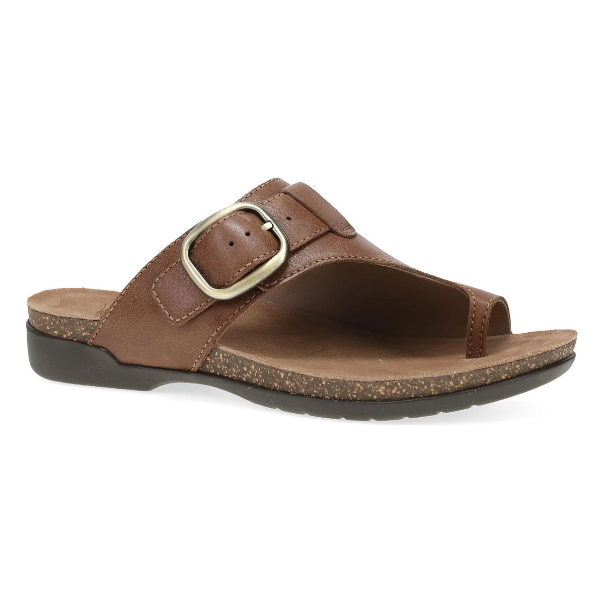 A brown open-toe slide sandal with a wide strap featuring a large brass buckle, a cork-textured footbed, and a black rubber sole.
