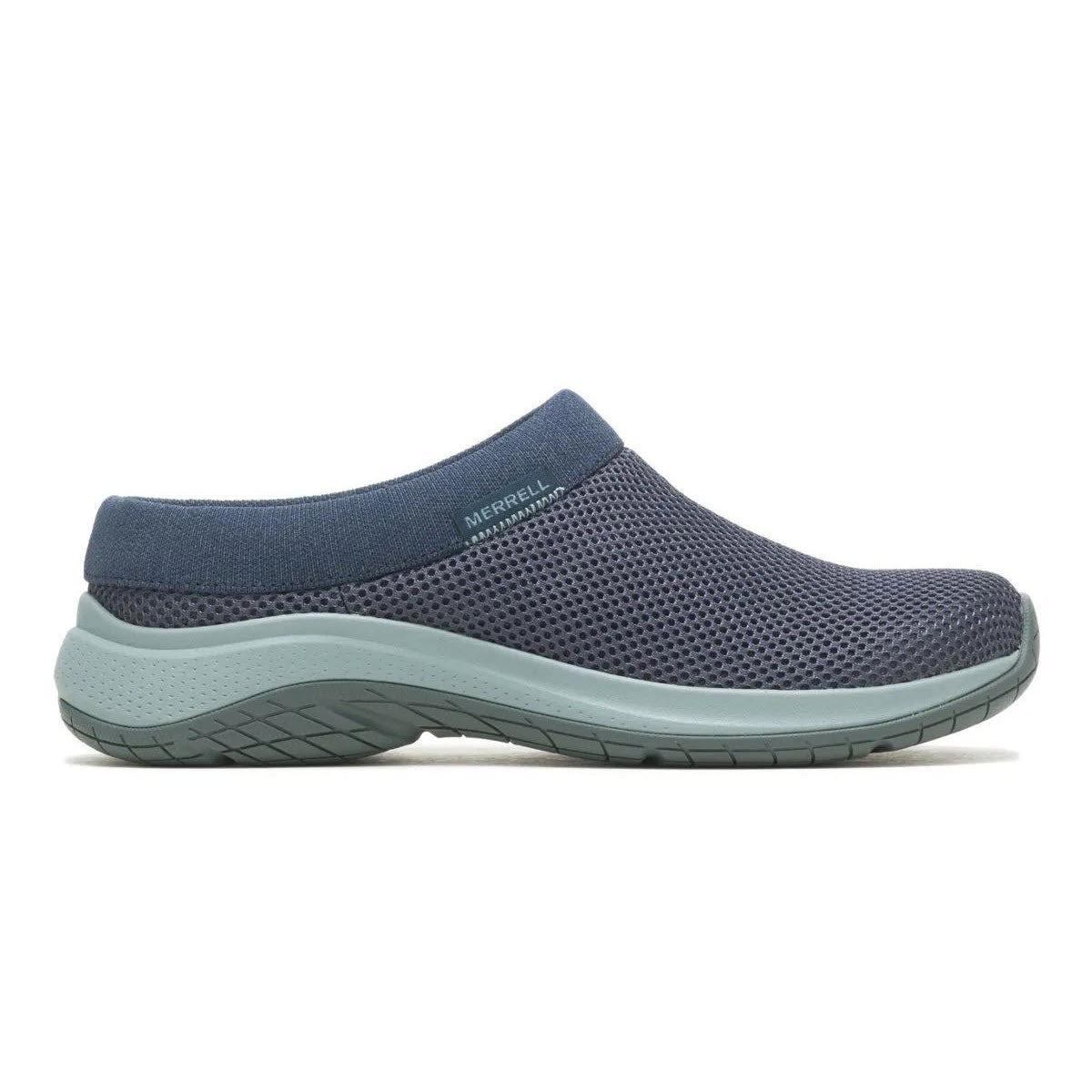 A navy blue slip-on mesh clog shoe with a light blue cushioned sole and textured tread, shown in a side profile view.